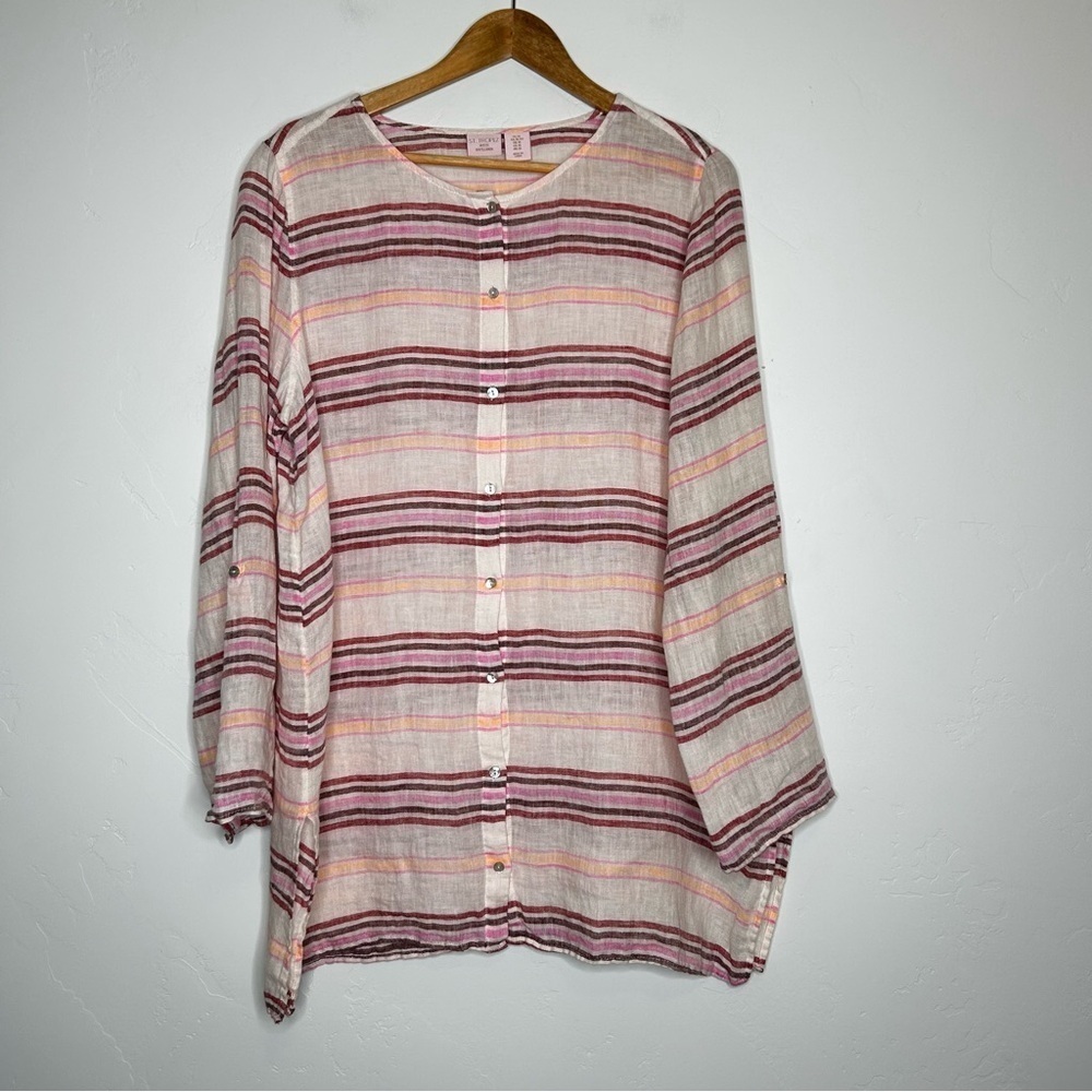 St Tropez West Linen Button-Up Tunic Blouse Top Roll Tab Sleeves XL‎ Resortwear